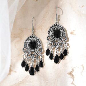 Oxidised Silver Toned Handcrafted Black Enamel Handpainted Drop Earrings - Black