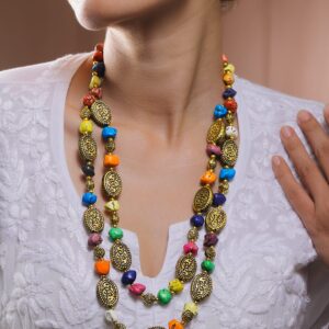 Oxidized Antique Gold-Plated Dual-Layer Necklace with Turquoise Blue Beads & Tribal Oval Discs - Multicolor and Gold