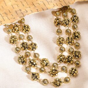 Oxidized Antique Gold-Plated Triple-Layered Floral Beaded Statement Necklace