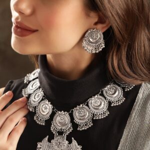 Oxidized Plated Ghungroo Beaded Crystal Statement Necklace Set - Silver