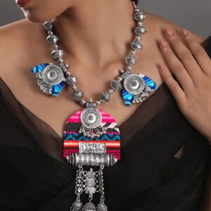 Oxidized Silver Plated Beaded & Threaded Statement Long Necklace - Multicolor