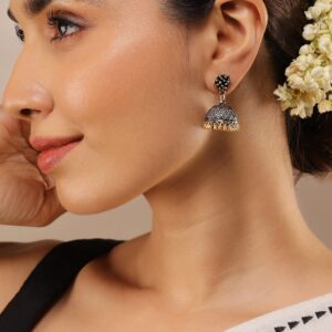 Oxidized Silver-Plated Dual-Tone Jhumka Earrings with Gold Beaded Drops - Silver