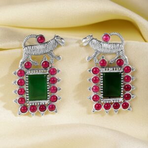Oxidized Silver Plated Emerald, Ruby & Zirconia Studded Tiger Motif Statement Drop Earrings - Silver