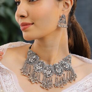 Oxidized Silver-Plated Floral Motif Statement Choker Necklace Set with Chain Tassels for Women