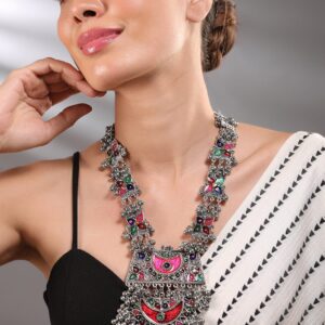 Oxidized Silver-Plated Multicolor Enamel Crescent Motif & Silver Beads Necklace