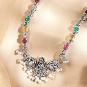 Oxidized Silver-Plated Multicolor Stone Studded Divine Lakshmi Motif Necklace with Pearl Accents