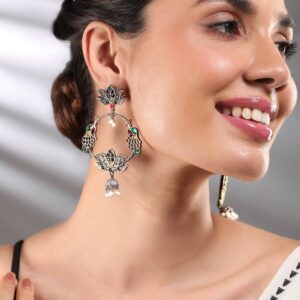 Oxidized Silver-Plated Multicolored Lotus Motif Drop Hoop Earrings with Pearl Beads
