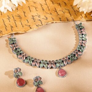 Oxidized Silver-Plated Pastel Pink & Green Kundan Studded Necklace Set with Drop Earrings