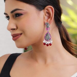 Oxidized Silver-Plated Peacock Motif Pink Stone & Pearl Beaded Earrings
