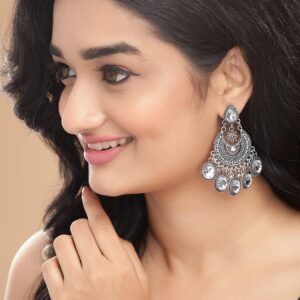 Oxidized Silver-Plated White AD Stone Studded Chandelier Earrings in Silver Tone