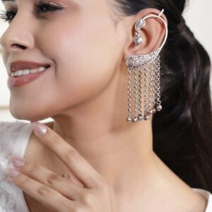 Oxidized Silver-Toned Brass Ear Cuff Earrings with Engraved Motif & Chain Dangles