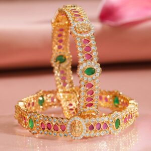 Pack Of 2 22K Gold-Plated Emerald Stone Studded Traditional Bangles - 02-Aug