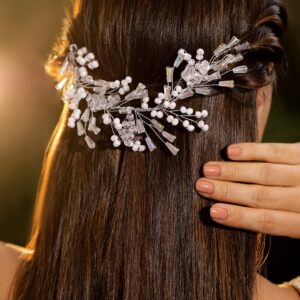Pearl & Crystal Beaded Handcrafted Floral Hair Accessory Clip Tiara for Women