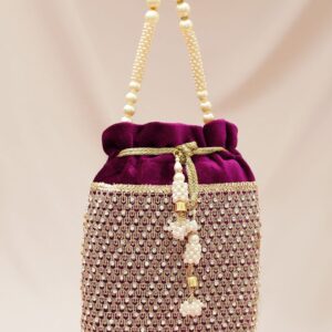 Purple Velvet Potli Bag with Pearl Handle, Golden Embroidery & Stone Detailing