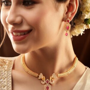 Radiant Gold-Plated AD & Pink Stone Necklace Set - Gold::Red