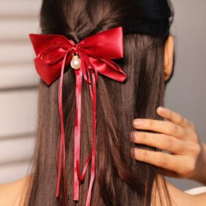 Red Satin Bow Hair Clip with Pearl Drop & Flowing Ribbon Tails – Elegant & Chic - Red