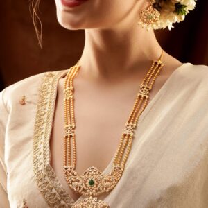 Regal Gold Tone Temple Necklace Set with Green, Pink & White Stones - Gold