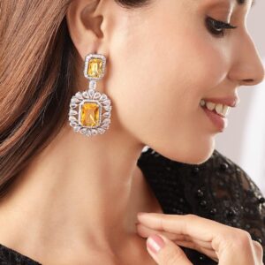 Rhodium plated AAA Cubic Zirconia Yellow Sapphire studded Statement Dangle Earring - Silver::Yellow