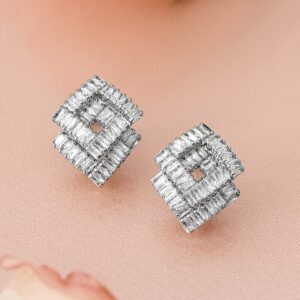 Rhodium-Plated Baguette Cubic Zirconia Studded Diamond-Shaped Stud Earrings