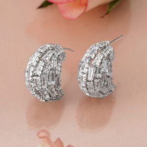 Rhodium-Plated Baguette-Cut Cubic Zirconia Statement Half Hoop Earrings