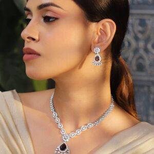 Rhodium-Plated Black Onyx AD & Cubic Zirconia Studded Necklace Set - Black