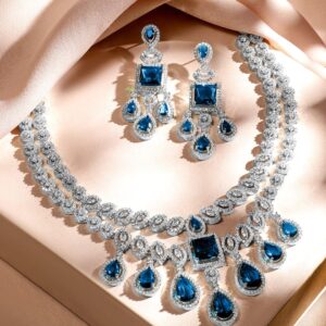 Rhodium-Plated Blue Sapphire & AAA Cubic Zirconia Luxe Statement Jewellery Set in Silver Tone for Women