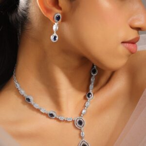 Rhodium-Plated Blue Sapphire & AAA Cubic Zirconia Studded Halo & Teardrop Design Luxe Necklace Set in Silver Tone for Women