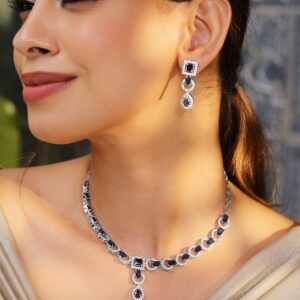Rhodium-Plated Blue Sapphire AD & Cubic Zirconia Studded Necklace Set - Blue