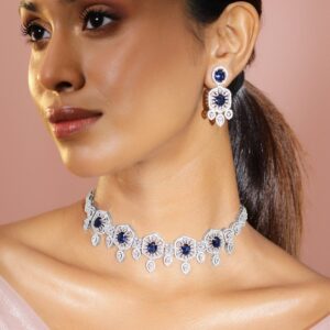 Rhodium-Plated Blue Sapphire & Cubic Zirconia Studded Choker Jewellery Set for Women
