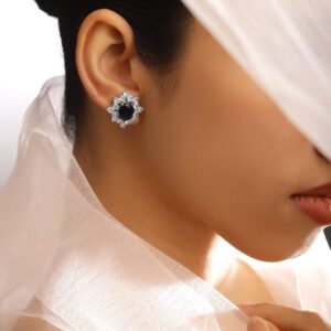 Rhodium-Plated Blue Sapphire & Cubic Zirconia Studded Floral Stud Earrings - Blue