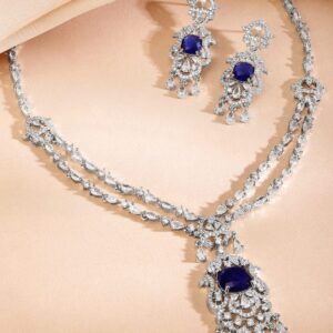 Rhodium-Plated Blue Sapphire & White AAA Cubic Zirconia Statement Jewellery Set