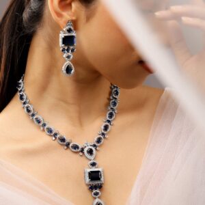 Rhodium-Plated Blue Sapphire & White Cubic Zirconia Studded Luxe Jewellery Set - Blue