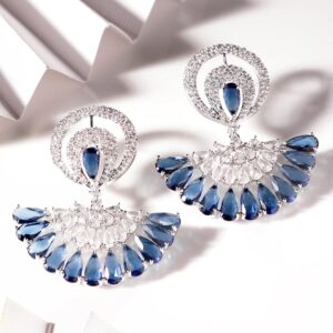 Rhodium Plated Blue Sapphire Zirconia Studded Chic Dangle Earrings - Silver::Blue