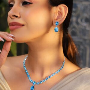 Rhodium-Plated Blue Topaz Cubic Zirconia Studded Necklace Set - Sky Blue