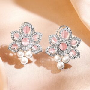 Rhodium-Plated Blush Pink Stone Floral Stud Earrings with White Cubic Zirconia & Pearl Drops