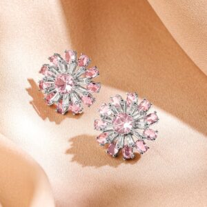 Rhodium-Plated Blush Pink Stone & White Cubic Zirconia Studded Sunburst Floral Stud Earrings