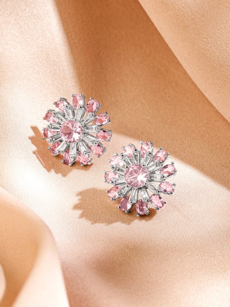 Rhodium-Plated Blush Pink Stone & White Cubic Zirconia Studded Sunburst Floral Stud Earrings