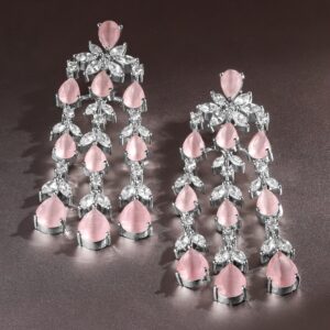 Rhodium-Plated Blush Pink & White Cubic Zirconia Studded Cascading Chandelier Earrings