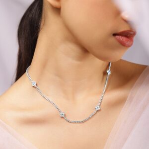 Rhodium Plated Crystal Cubic Zirconia Studded Floral Motif Luxe Tennis Necklace - Silver