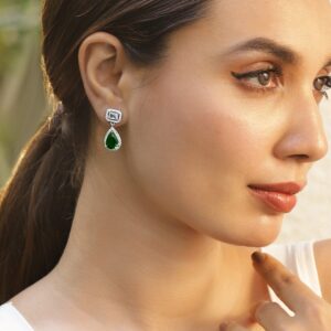 Rhodium Plated Crystal Emerald & Cubic Zirconia Studded Drop Earrings - Silver