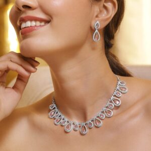 Rhodium Plated Crystal Lavender & Cubic Zirconia Studded Teardrop Design Premium Jewellery Set - lavender