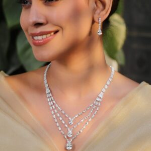 Rhodium Plated Crystal-Studded Layered Jewellery Set - Silver