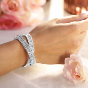 Rhodium-Plated Crystals Stone Studded Cuff Bracelet - Silver