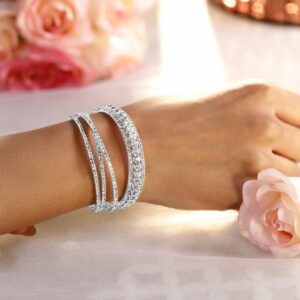 Rhodium-Plated Crystals Stone Studded Cuff Bracelet - Silver