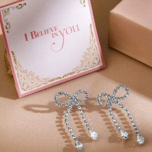 Rhodium Plated Cubic Zirconia Bow Drop Earrings - Silver