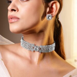 Rhodium-Plated Cubic Zirconia-Studded Choker Jewellery Set - Silver