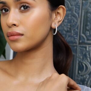 Rhodium-Plated Cubic Zirconia Studded Classic Hoop Earrings