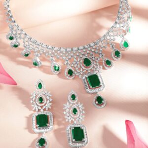Rhodium-Plated Cubic Zirconia Studded Emerald Necklace and Earrings - Silver