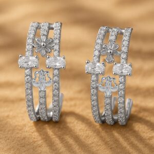 Rhodium Plated Cubic Zirconia Studded Floral Huggie Hoop Earrings - Silver