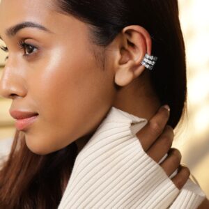 Rhodium-Plated Cubic Zirconia Studded Geometric Design Openable Ear Cuff Earrings - Silver